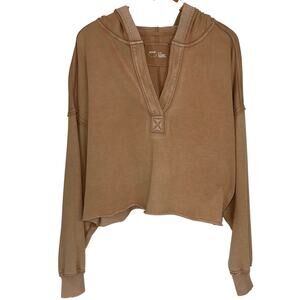 Aerie Tan V-Neck Long Sleeve Cropped Hoodie Sweatshirt Size XL